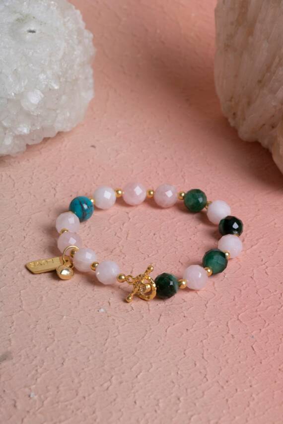 Fasetli Zümrüt & Pembe Kuvars & Firuze Gümüş Aparatlı Bileklik SK:040 - 1