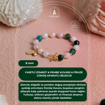 Fasetli Zümrüt & Pembe Kuvars & Firuze Gümüş Aparatlı Bileklik SK:040 - 2