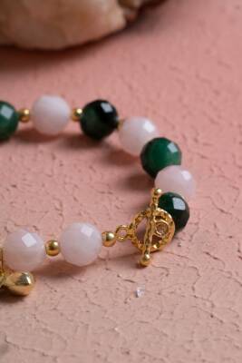 Fasetli Zümrüt & Pembe Kuvars & Firuze Gümüş Aparatlı Bileklik SK:040 - 3