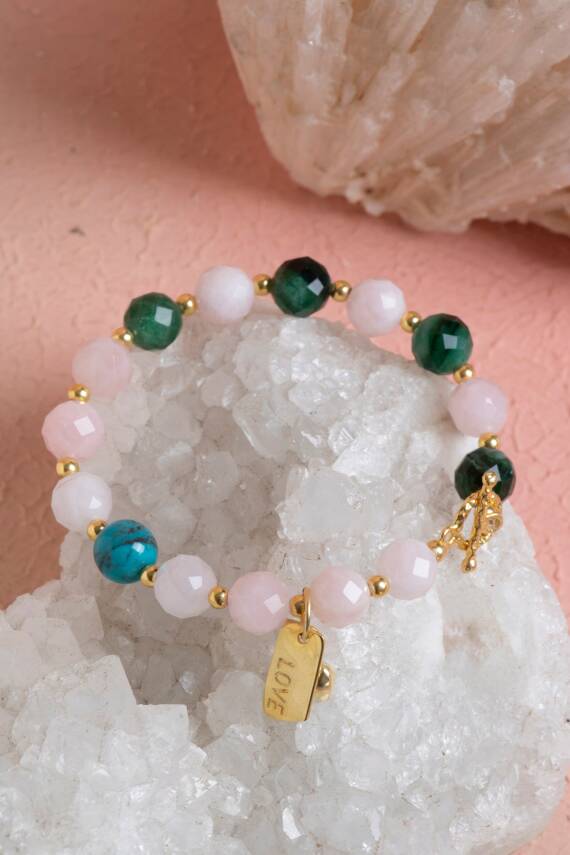 Fasetli Zümrüt & Pembe Kuvars & Firuze Gümüş Aparatlı Bileklik SK:040 - 4