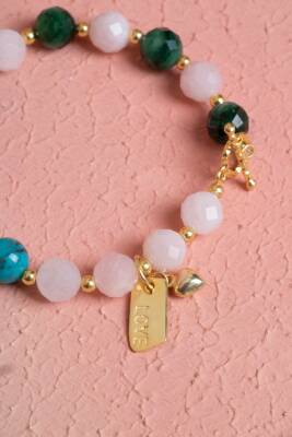 Fasetli Zümrüt & Pembe Kuvars & Firuze Gümüş Aparatlı Bileklik SK:040 - 5