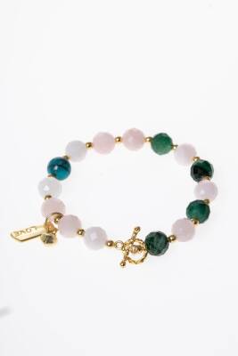 Fasetli Zümrüt & Pembe Kuvars & Firuze Gümüş Aparatlı Bileklik SK:040 - 6