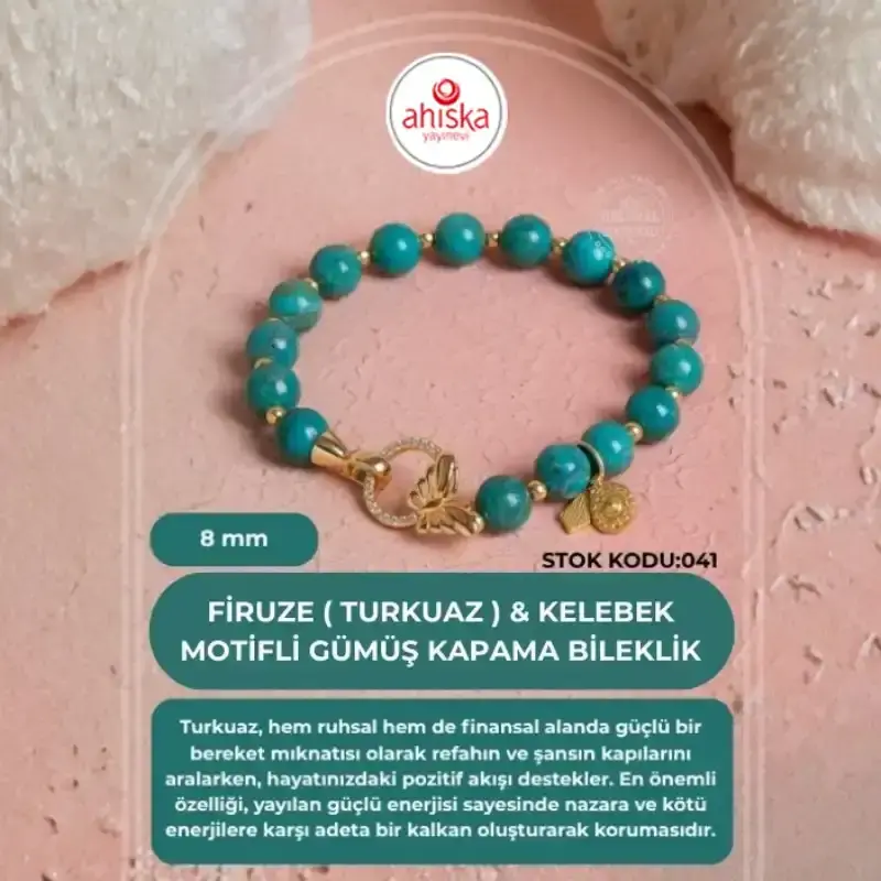 Firuze ( Turkuaz ) & Kelebek Motifli Gümüş Kapama Bileklik SK041 - 2
