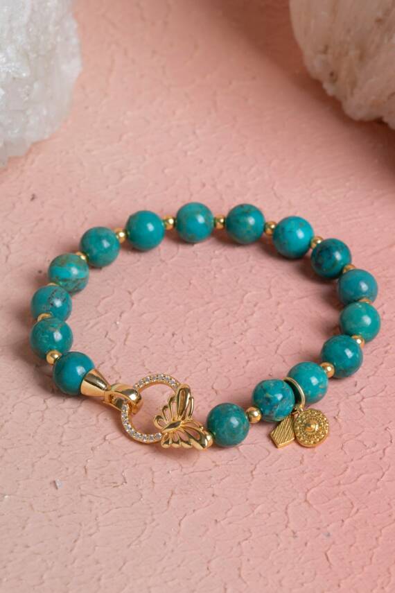 Firuze ( Turkuaz ) & Kelebek Motifli Gümüş Kaplama Bileklik SK:041 - 1