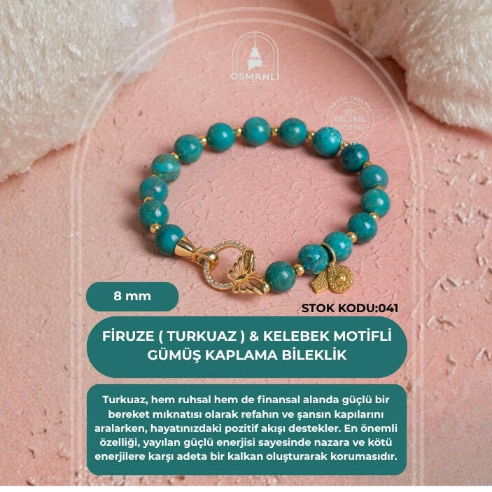 Firuze ( Turkuaz ) & Kelebek Motifli Gümüş Kaplama Bileklik SK:041 - 2