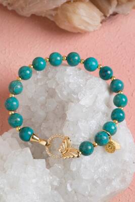 Firuze ( Turkuaz ) & Kelebek Motifli Gümüş Kaplama Bileklik SK:041 - 3