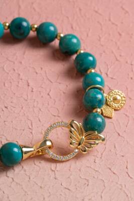 Firuze ( Turkuaz ) & Kelebek Motifli Gümüş Kaplama Bileklik SK:041 - 6