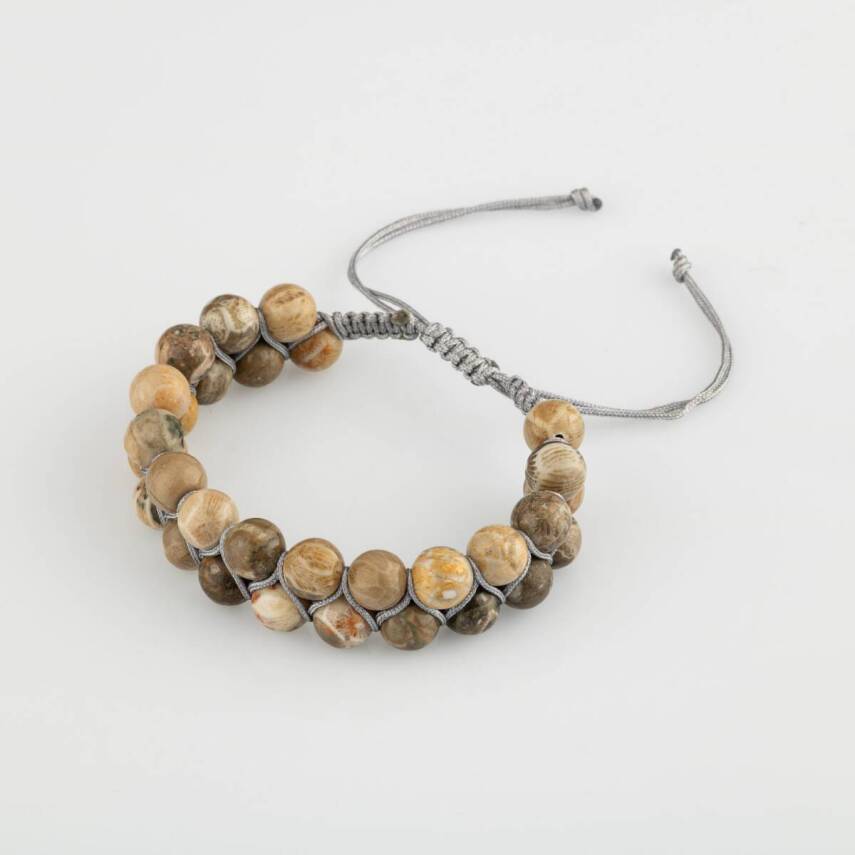 Fosil Mercan 8mm Çift Sıra Makrome Doğal Taş Bileklik - 1