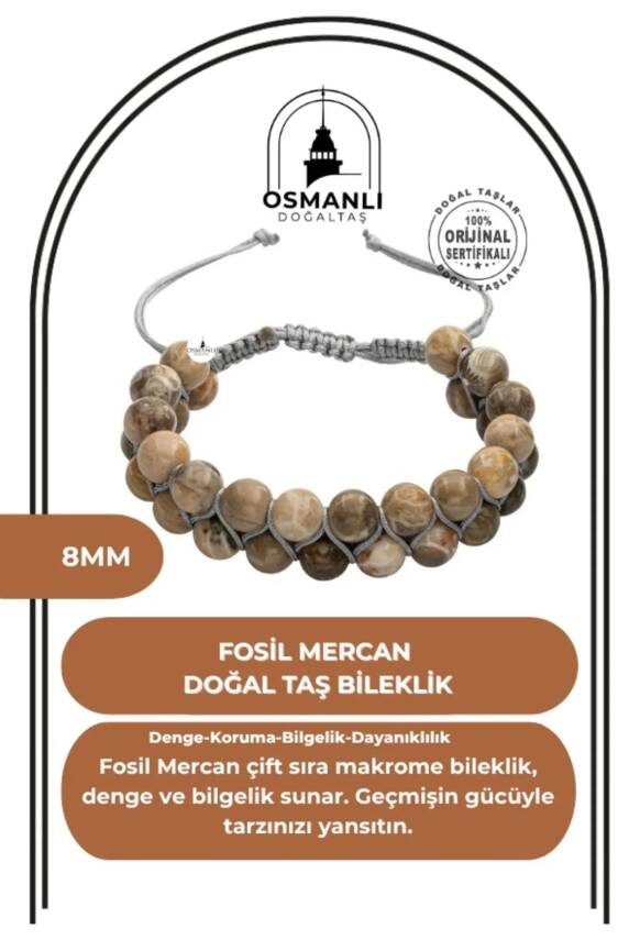 Fosil Mercan 8mm Çift Sıra Makrome Doğal Taş Bileklik - 2