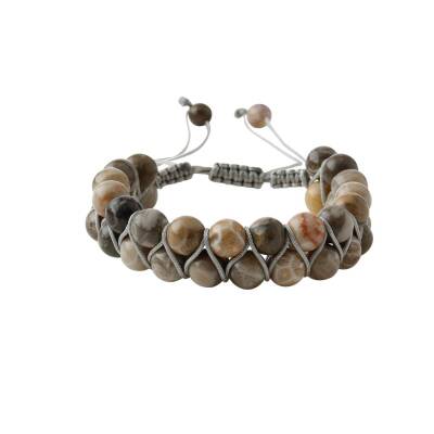 Fosil Mercan 8mm Çift Sıra Makrome Doğal Taş Bileklik - 3