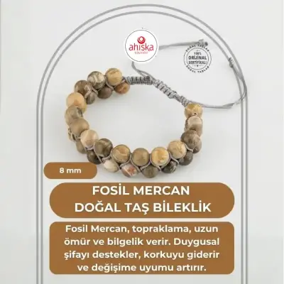Fosil Mercan 8mm Çift Sıra Makrome Doğal Taş Bileklik - Doğal Taş (1)