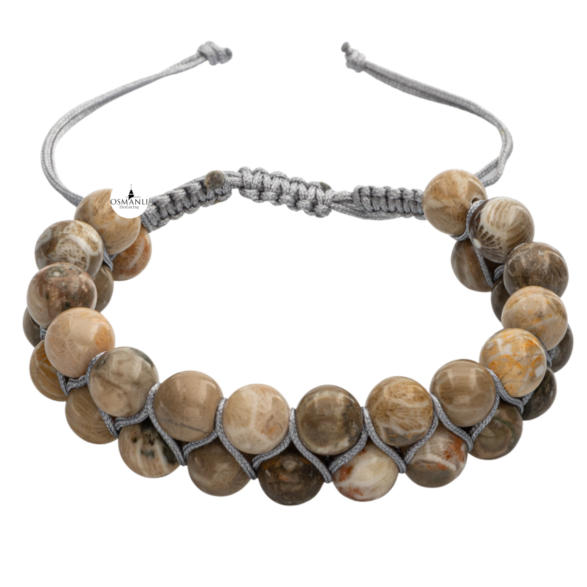 Fosil Mercan 8mm Çift Sıra Makrome Doğal Taş Bileklik - 4