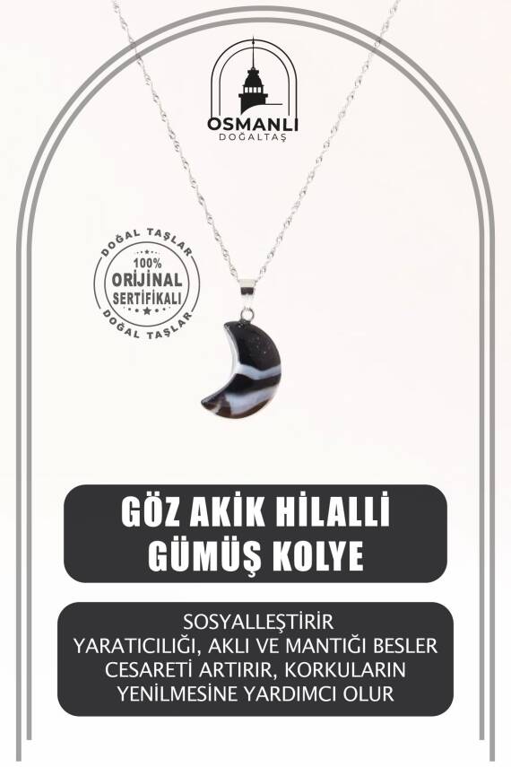 Göz Akik Doğal Taş Hilalli Kolye, Gümüş Zincir - 1