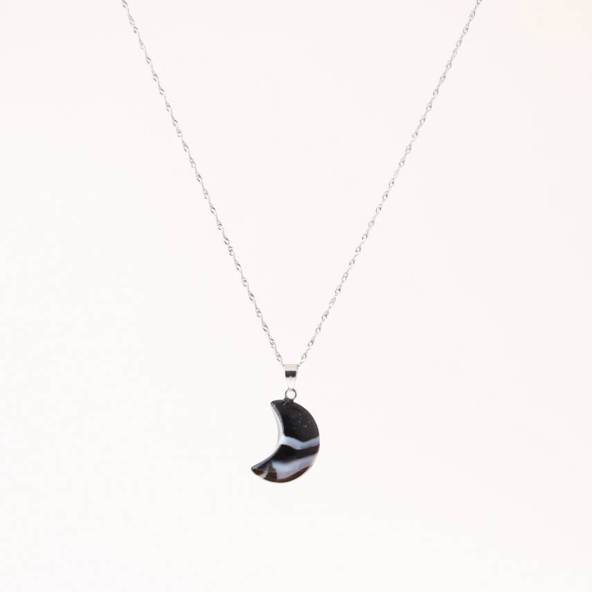 Göz Akik Doğal Taş Hilalli Kolye, Gümüş Zincir - 2