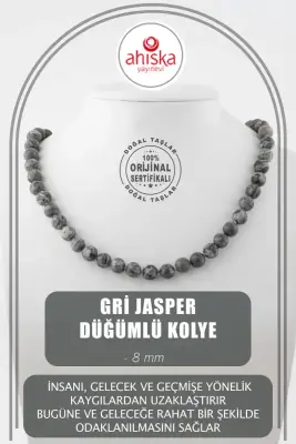 Gri Jasper 8 mm Düğümlü Doğal Taş Kolye - 1