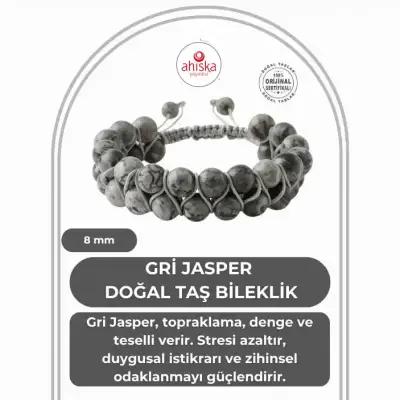 Gri Jasper 8mm Çift Sıra Makrome Doğal Taş Bileklik - 1