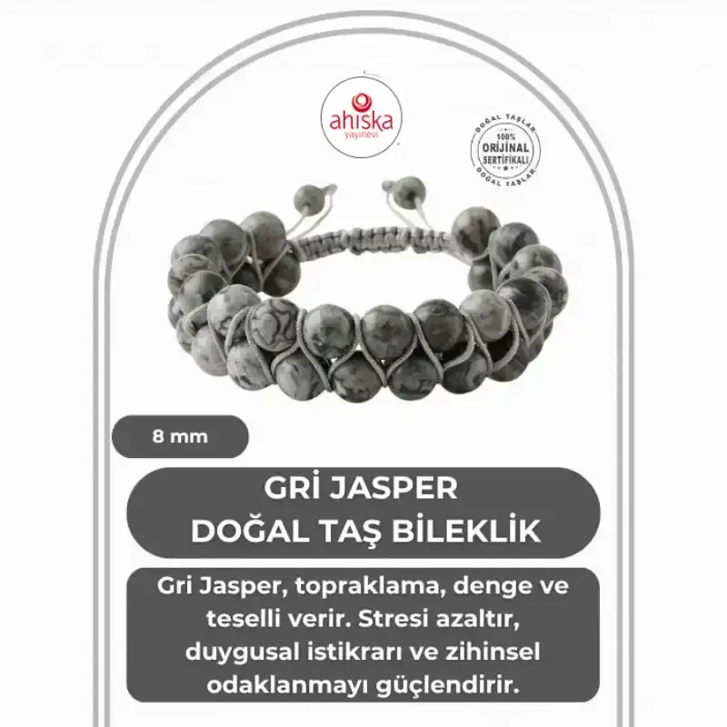 Gri Jasper 8mm Çift Sıra Makrome Doğal Taş Bileklik - 1