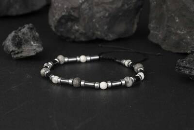 Gri Jasper-Hematit-Havlit Doğal Taş Bileklik - 4