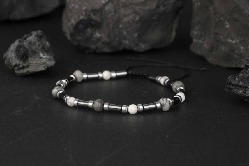 Gri Jasper-Hematit-Havlit Doğal Taş Bileklik - 4