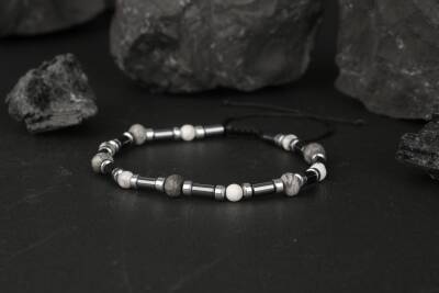 Gri Jasper-Hematit-Havlit Doğal Taş Bileklik - 4