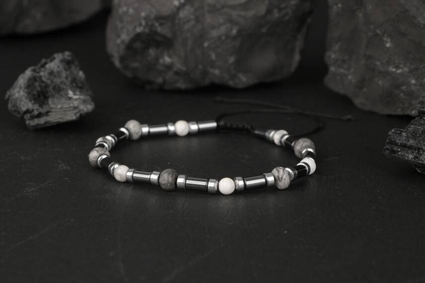Gri Jasper-Hematit-Havlit Doğal Taş Bileklik - 4