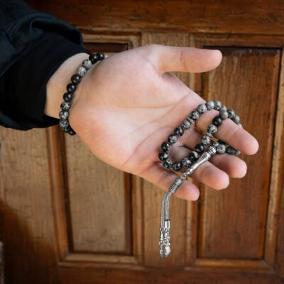 Gri Jasper-Karlı Obsidyen Doğal Taş Tesbih Bileklik Seti - Osmanlı Doğaltaş