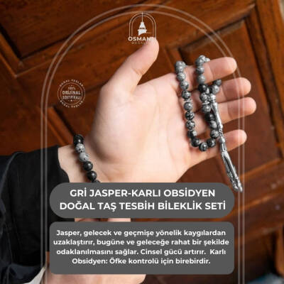 Gri Jasper-Karlı Obsidyen Doğal Taş Tesbih Bileklik Seti - 2