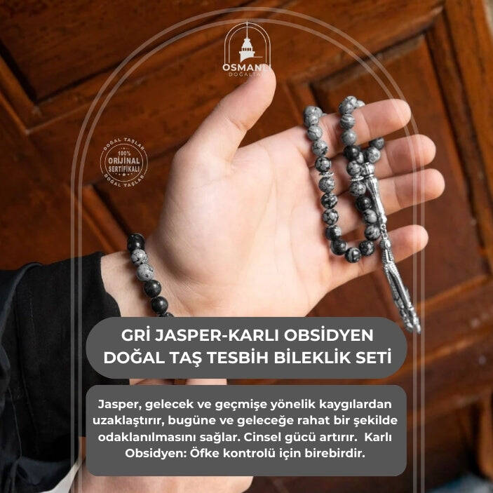 Gri Jasper-Karlı Obsidyen Doğal Taş Tesbih Bileklik Seti - 2
