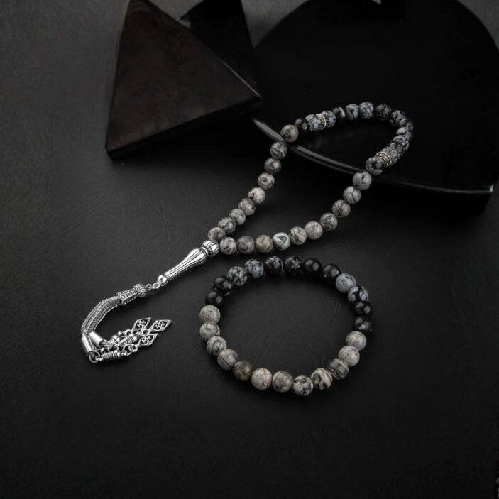 Gri Jasper-Karlı Obsidyen Doğal Taş Tesbih Bileklik Seti - 3