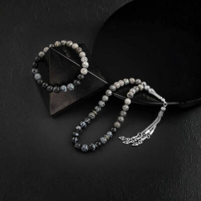 Gri Jasper-Karlı Obsidyen Doğal Taş Tesbih Bileklik Seti - 4