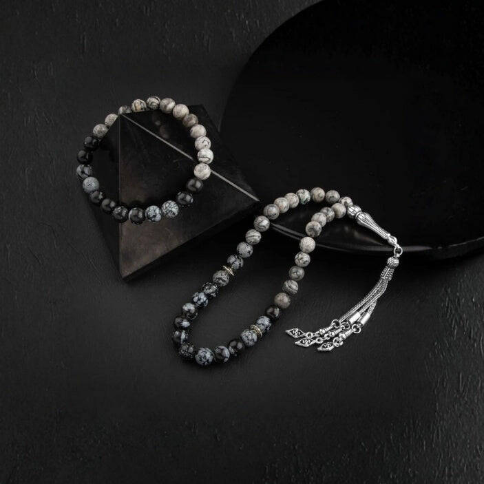 Gri Jasper-Karlı Obsidyen Doğal Taş Tesbih Bileklik Seti - 4