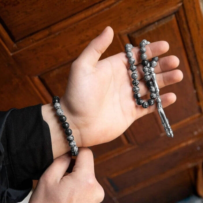 Gri Jasper-Karlı Obsidyen Doğal Taş Tesbih Bileklik Seti - 5