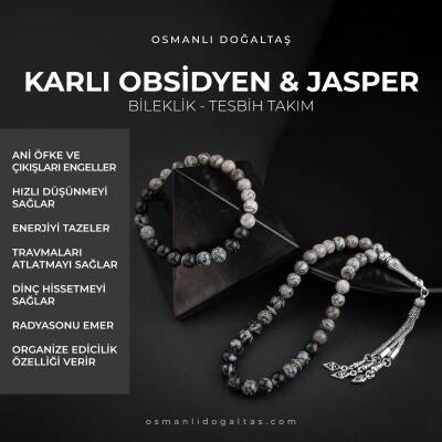 Gri Jasper-Karlı Obsidyen Doğal Taş Tesbih Bileklik Seti - Osmanlı Doğaltaş