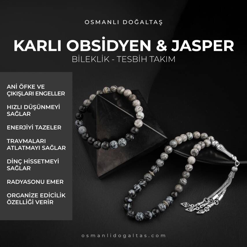 Gri Jasper-Karlı Obsidyen Doğal Taş Tesbih Bileklik Seti - 1
