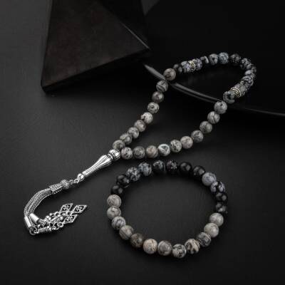 Gri Jasper-Karlı Obsidyen Doğal Taş Tesbih Bileklik Seti - 4