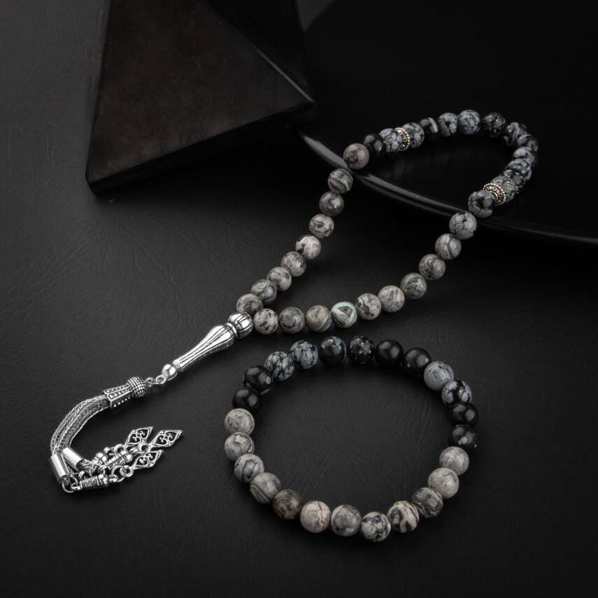 Gri Jasper-Karlı Obsidyen Doğal Taş Tesbih Bileklik Seti - 4