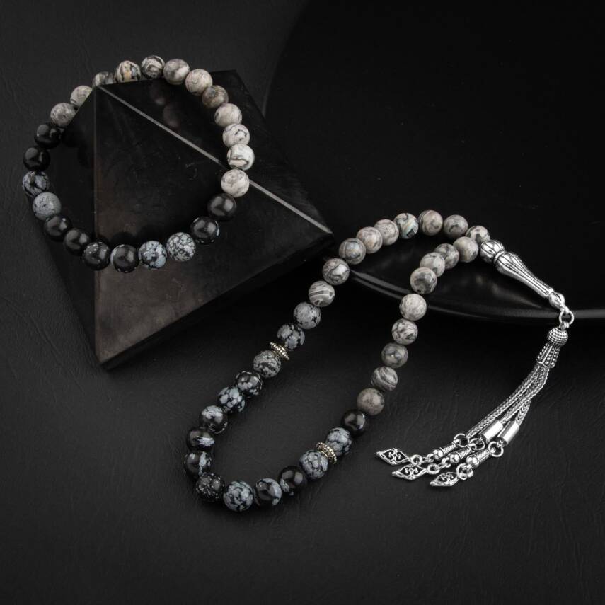 Gri Jasper-Karlı Obsidyen Doğal Taş Tesbih Bileklik Seti - 5