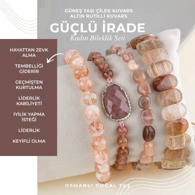 Güneş Taşı-Çilek Kuvars-Altın Rutilli Kuvars Doğal Taş Kadın Bileklik Seti - Osmanlı Doğaltaş