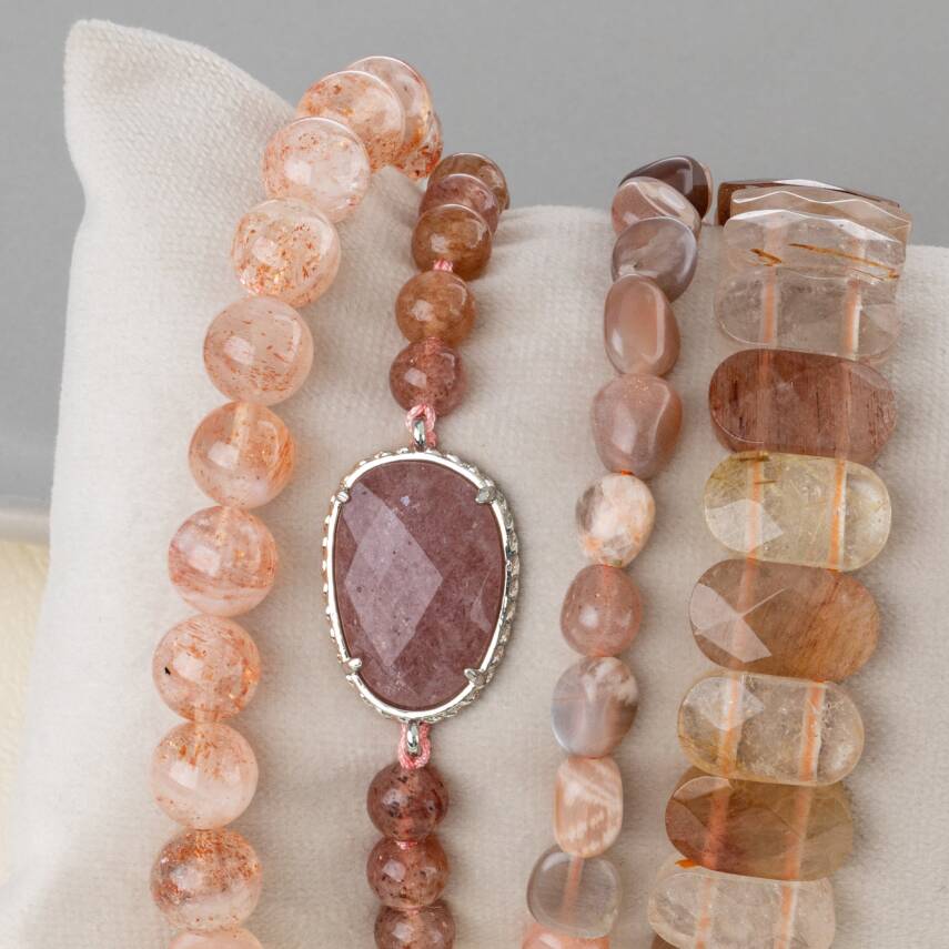Güneş Taşı-Çilek Kuvars-Altın Rutilli Kuvars Doğal Taş Kadın Bileklik Seti - 2