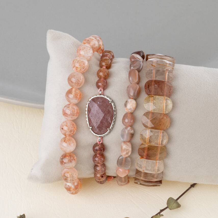 Güneş Taşı-Çilek Kuvars-Altın Rutilli Kuvars Doğal Taş Kadın Bileklik Seti - 3