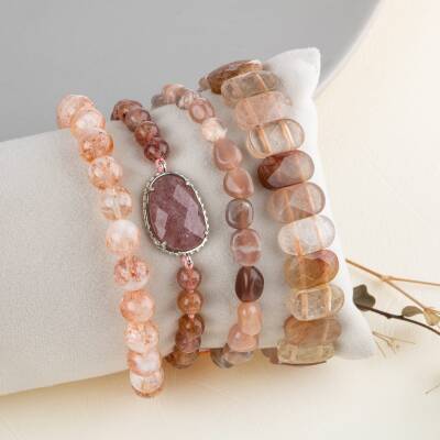 Güneş Taşı-Çilek Kuvars-Altın Rutilli Kuvars Doğal Taş Kadın Bileklik Seti - 4
