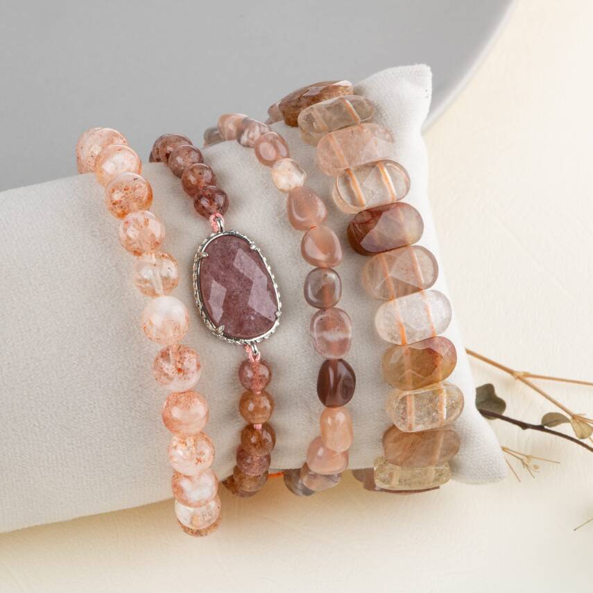 Güneş Taşı-Çilek Kuvars-Altın Rutilli Kuvars Doğal Taş Kadın Bileklik Seti - 4