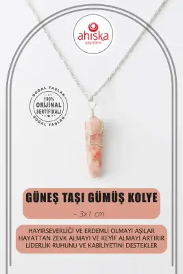 Güneş Taşı Doğal Taş Kolye Ucu 3x1 cm, Gümüş Zincir - Doğal Taş (1)