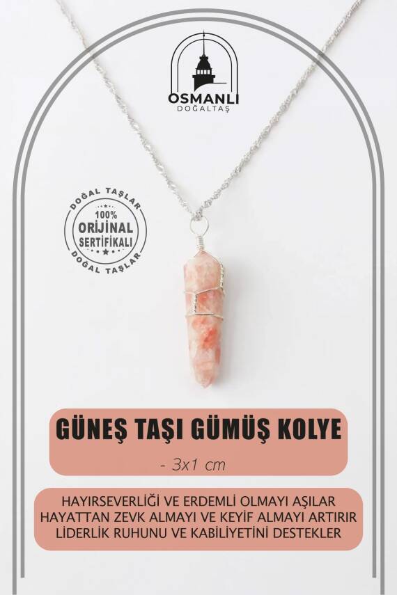 Güneş Taşı Doğal Taş Kolye Ucu 3x1 cm, Gümüş Zincir - 1