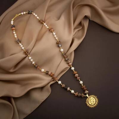 Güneş Taşı-İnci Doğal Taş Gümüş Tasarım Kolye - 60cm - Osmanlı Doğaltaş