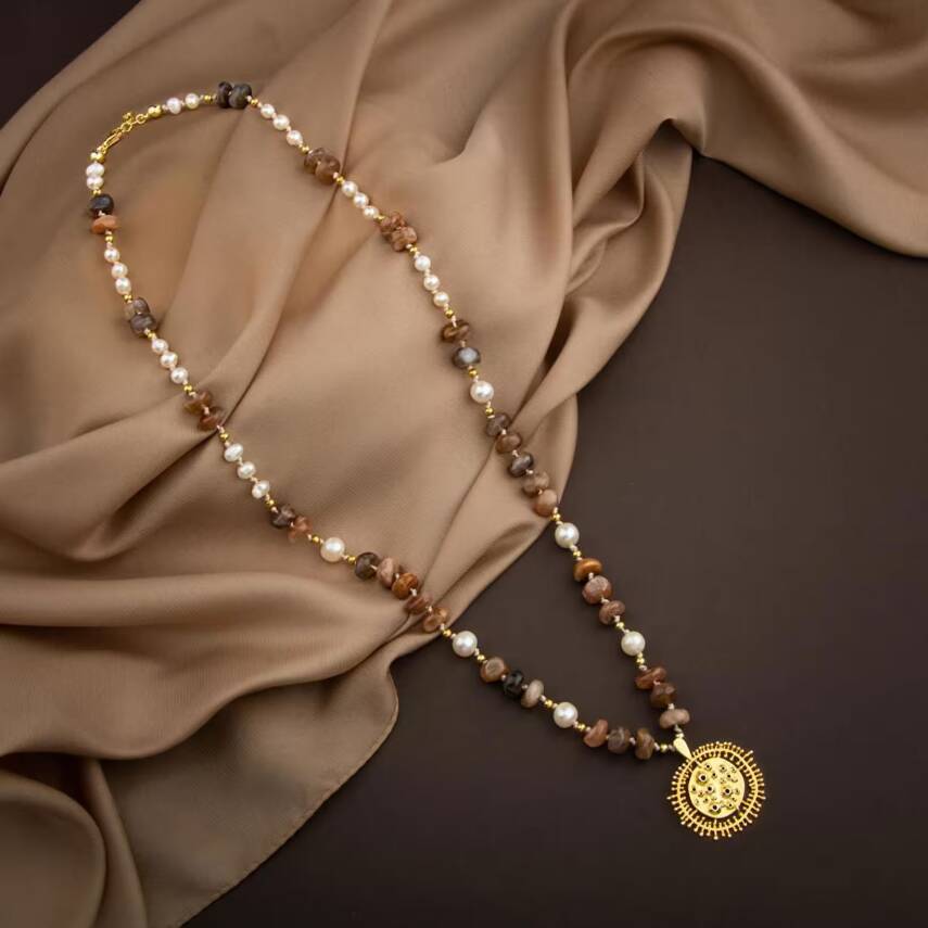 Güneş Taşı-İnci Doğal Taş Gümüş Tasarım Kolye - 60cm - 1