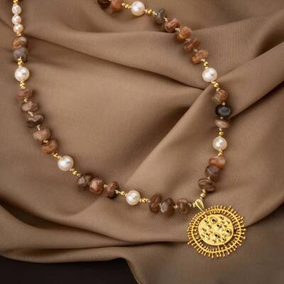 Güneş Taşı-İnci Doğal Taş Gümüş Tasarım Kolye - 60cm - 2