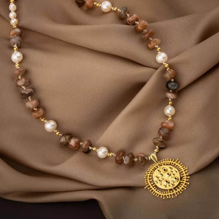 Güneş Taşı-İnci Doğal Taş Gümüş Tasarım Kolye - 60cm - 2