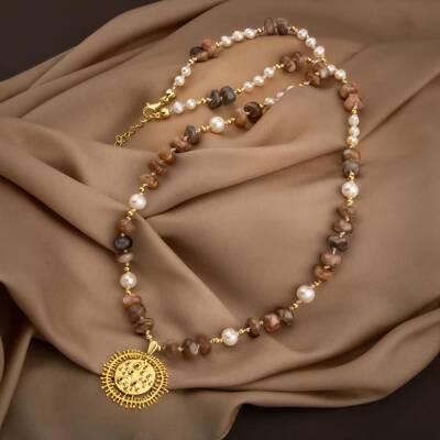 Güneş Taşı-İnci Doğal Taş Gümüş Tasarım Kolye - 60cm - 4