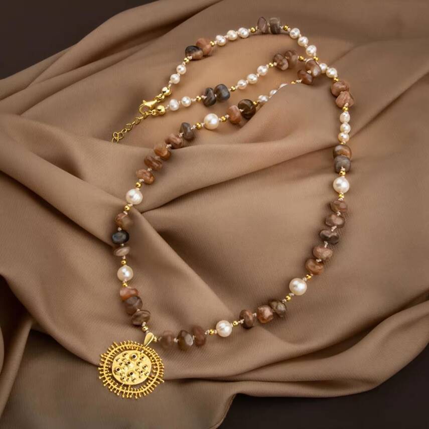 Güneş Taşı-İnci Doğal Taş Gümüş Tasarım Kolye - 60cm - 4